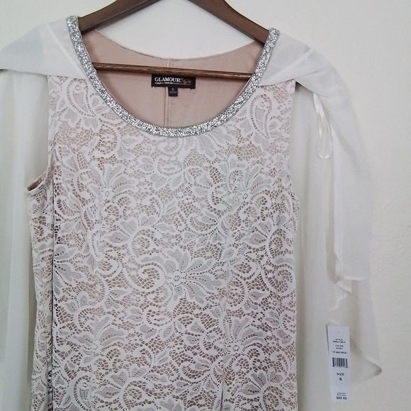 Glamour Nights White Size 6 Round Neck Lace Side Slit Midi Dress Flutter Sleeve - Picture 4 of 13